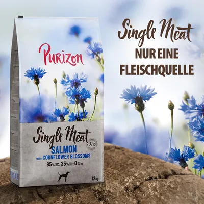 Purizon Single Meat suha hrana s lososom i plavim cvijetom, samo jedan izvor mesa, 65% ribe, 35% povrća, 0% žitarica, pakiranje 12 kg.