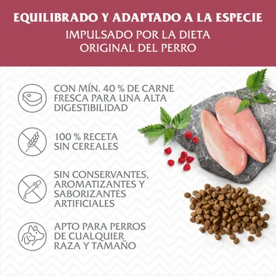 Texto: equilibrado y adaptado a la especie, impulsado por la dieta original del perro. 40 % carne fresca, receta sin cereales, sin conservantes, apto para perros de cualquier raza y tamaño.