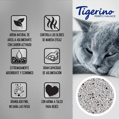 Tigerino Performance. Arena natural de arcilla aglomerante con carbón activado, controla olores, absorbente, económico, granulación fina, aroma a talco para bebés, gran capacidad de aglomeración.