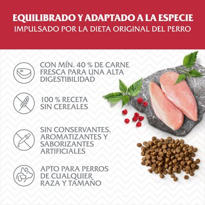 Equilibrado y adaptado a la especie. Con mín. 40 % de carne fresca, 100 % receta sin cereales, sin conservantes ni saborizantes artificiales, apto para perros de cualquier raza y tamaño.