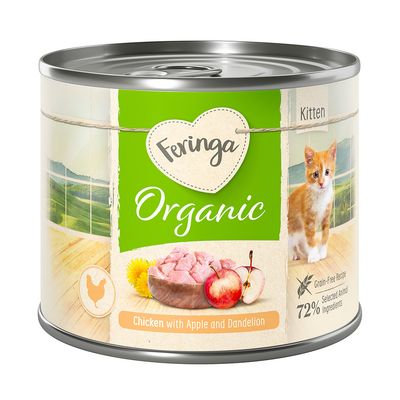 Feringa Organic Kitten. Kurczak z jabłkiem i mniszkiem lekarskim, receptura bez zbóż, 72% wyselekcjonowanych składników zwierzęcych.