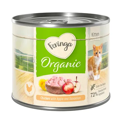 Feringa Organic Kitten. Kyckling med äpple och maskros, spannmålsfritt recept, 72 % utvalda animaliska ingredienser.