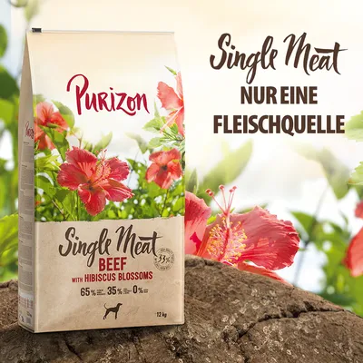 Purizon Single Meat Beef with Hibiscus Blossoms, 12 kg. 65 % viande, 35 % fruits/légumes, 0 % céréales. Texte visible : Single Meat, nur eine Fleischquelle. Purizon Single Meat Beef with Hibiscus Blossoms, 12 kg. 65 % viande, 35 % fruits/légumes, 0 % céréales. Texte visible : Single Meat, nur eine Fleischquelle.