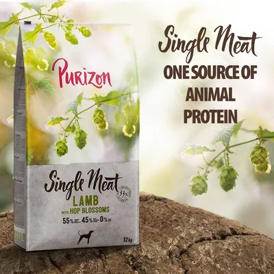 Single Meat lamb with hop blossoms, one source of animal protein. Contains 55% meat, 45% vegetables and fruit, 0% grain. 12kg bag shown.