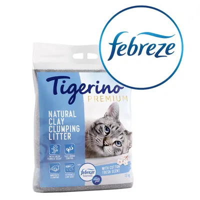 Tigerino Premium Natural Clay Clumping Litter, 12 kg, med Febreze freshness og cotton fresh scent. Tekst: fast odour control, immediate clumping, extremely low-dust.