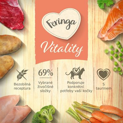 Feringa Vitality, bezobilná receptura, 69 % vybrané živočišné složky, podporuje konkrétní potřeby vaší kočky, s taurinem. Zobrazeny maso, zelenina a brambory.