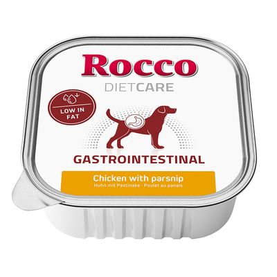 Rocco DietCare Gastrointestinal, faible en matières grasses, Chicken with parsnip, Poulet au panais. Texte visible sur l’emballage.