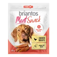 Briantos Meat Snack, 180g, proteina animale singola, petti di pollo, ricetta senza cereali. Confezione con pezzi di carne mostrata.