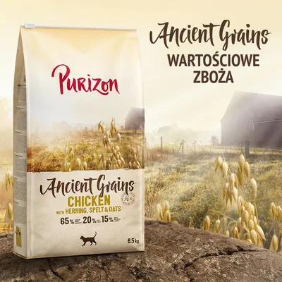 Purizon Ancient Grains Chicken with Herring, Spelt & Oats, 65 % mięsa, 20 % zboża, 15 % warzywa i owoce, opakowanie 6,5 kg. Wartościowe zboża.