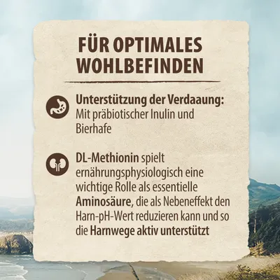 Für optimales Wohlbefinden: Unterstützung der Verdauung mit präbiotischer Inulin und Bierhefe. DL-Methionin reduziert Harn-pH-Wert und unterstützt aktiv die Harnwege.