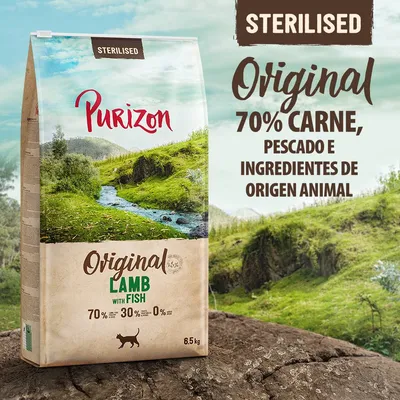 Purizon Original Lamb with Fish, esterilizado. 70 % carne, pescado e ingredientes de origen animal. Saco de 6,5 kg visible. Purizon Original Lamb with Fish, esterilizado. 70 % carne, pescado e ingredientes de origen animal. Saco de 6,5 kg visible.
