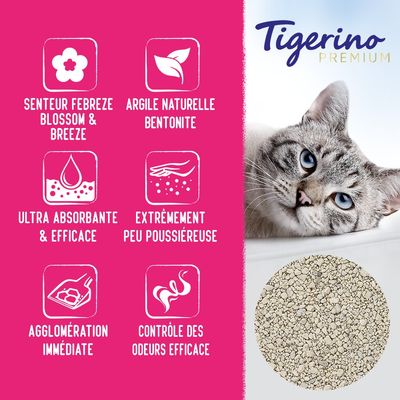 Tigerino Premium. Senteur Febreze Blossom & Breeze, argile naturelle bentonite, ultra absorbante & efficace, extrêmement peu poussiéreuse, agglomération immédiate, contrôle des odeurs efficace.