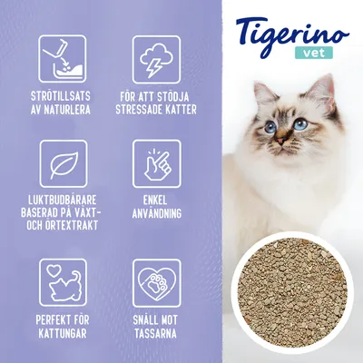 Tigerino vet. Strötillsats av naturlera, för att stödja stressade katter, luktbudbärare baserad på växt- och örtextrakt, enkel användning, perfekt för kattungar, snäll mot tassarna.