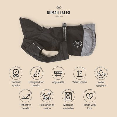 Nomad Tales hondenjas, zwart-grijs, premiumkwaliteit, comfortdesign, verstelbaar, warm gevoerd, waterafstotend, reflecterende details, bewegingsvrijheid, machinewasbaar.