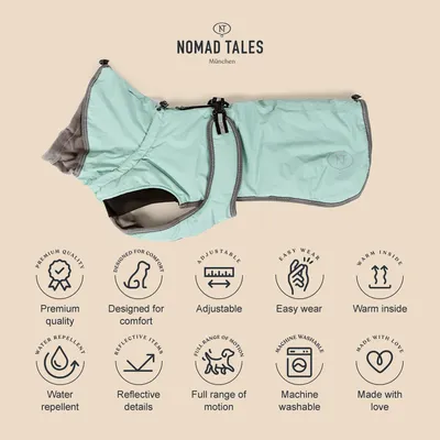 Nomad Tales München палто за кучета. Премиум качество, водоотблъскващо, с отразяващи детайли, регулируемо, машинно пране, топла вътрешност, удобен дизайн, пълна свобода на движение.