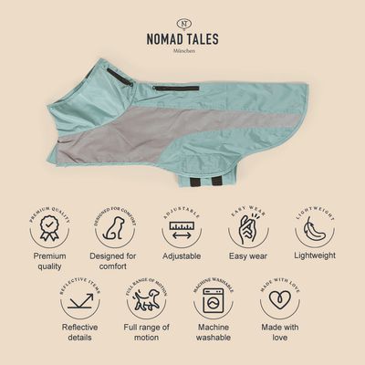 Nomad Tales München hondenjas. Premiumkwaliteit, comfortabel design, verstelbaar, makkelijk aan te trekken, licht, reflecterende details, volledige bewegingsvrijheid, machinewasbaar, met liefde gemaakt.