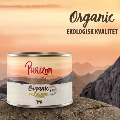 Purizon Organic Chicken & Goose with Pumpkin, 13 %, burk med texten 'Organic Ekologisk kvalitet' i bakgrunden. Synlig kattikon på etiketten.