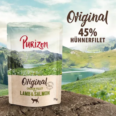 Purizon Original, 45% Hühnerfilet, mit Lamm und Lachs. Verpackung zeigt 70g Inhalt und Landschaftshintergrund.