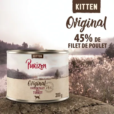 Purizon Kitten Original, 45 % de filet de poulet, 200 g. Texte visible : Original chicken fillet with turkey, 14 %. Boîte pour chaton. Purizon Kitten Original, 45 % de filet de poulet, 200 g. Texte visible : Original chicken fillet with turkey, 14 %. Boîte pour chaton.