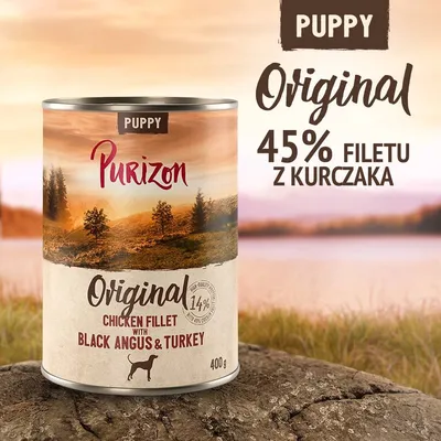 Purizon Puppy Original, 45% filetu z kurczaka, puszka 400 g. Chicken fillet with Black Angus & Turkey. Widoczny napis: 14% filet, 45% chicken fillet.