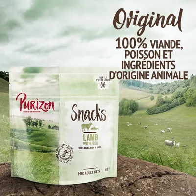 Purizon Snacks Lamb with Fish pour chats adultes, 40 g. Texte visible : Original, 100 % viande, poisson et ingrédients d’origine animale, gently freeze-dried.