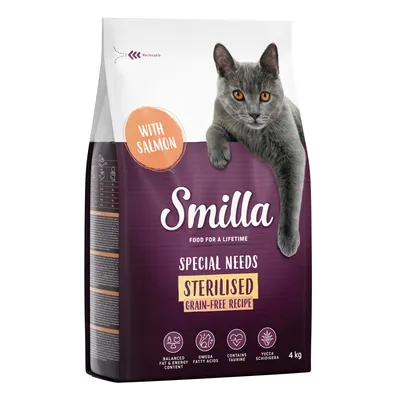 Smilla Special Needs Sterilised kornfri opskrift med laks, afbalanceret fedt- og energiniveau, omega-fedtsyrer, indeholder taurin, Yucca Schidigera. Emballage 4 kg.