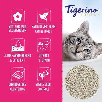 Tigerino Premium kattenbakvulling. Met Ambi Pur bloemengeur, natuurlijke klei van betoniet, ultra-absorberend & efficiënt, uiterst stofarm, onmiddellijke klontering, snelle geurcontrole.