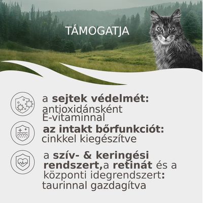 TÁMOGATJA: a sejtek védelmét E-vitaminnal, az intakt bőr funkciót cinkkel, a szív- és keringési rendszert, retinát és idegrendszert taurinnal gazdagítva