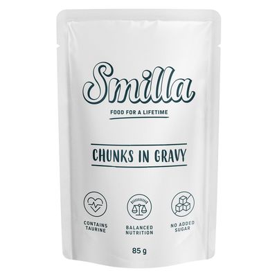 Smilla Chunks in Gravy, taurinnal, kiegyensúlyozott táplálkozás, hozzáadott cukor nélkül, 85 g.