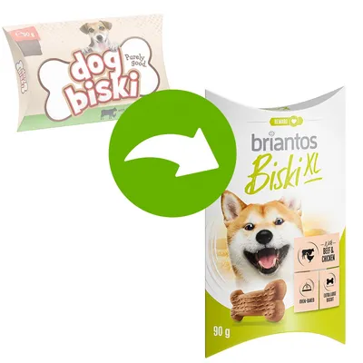 Product change from dog biski to Briantos Biski XL, 90g, beef and chicken flavour, oven-baked, extra large biscuit. Green arrow indicates transition between products.