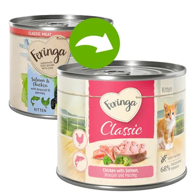 Feringa Classic Kitten υγρή τροφή, ποικιλία κοτόπουλο με σολομό, μπρόκολο και μαϊντανό. Συνταγή χωρίς δημητριακά, 68% επιλεγμένα ζωικά συστατικά.