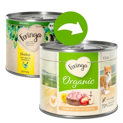 Feringa Organic Kitten, csirke almával és gyermekláncfűvel. Gabonamentes receptúra 72% állati összetevővel.