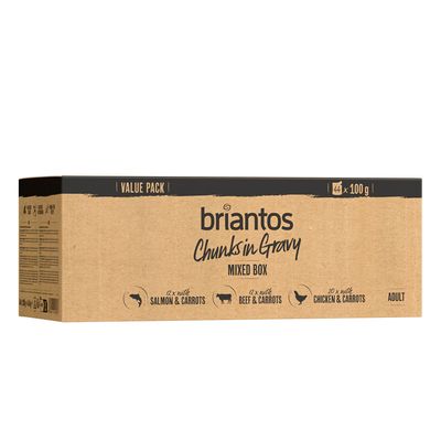 Briantos Chunks in Gravy Mixed Box, Value Pack, 44 x 100g. Sorten: 12x Lachs & Karotten, 12x Rind & Karotten, 20x Huhn & Karotten. Für erwachsene Tiere.