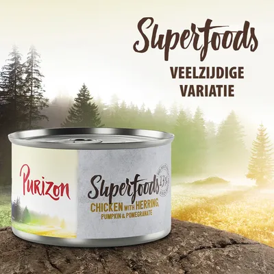 Purizon Superfoods Chicken with Herring, Pumpkin & Pomegranate. 13% superfood ingrediënten. Tekst: Superfoods veelzijdige variatie.