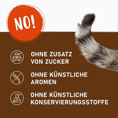 Produktmerkmale: Ohne Zusatz von Zucker, ohne künstliche Aromen, ohne künstliche Konservierungsstoffe. Roter Kreis mit 'NO!' und Katzenfell sichtbar.