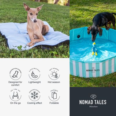 Perro sobre esterilla azul y perro bebiendo en piscina plegable Nomad Tales. Iconos: diseñado para comodidad, ligero, temporada cálida, portátil, efecto refrescante, plegable. Marca Nomad Tales.