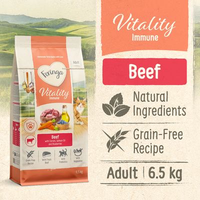 Feringa Vitality Immune Adult, vită cu morcovi, ulei de somon și afine. Fără cereale, carne de vită proaspătă, prebiotice, legume. Ambalaj 400g.