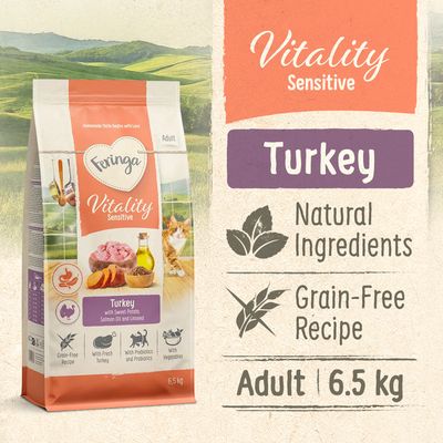 Feringa Vitality Sensitive Adult, moriak so sladkými zemiakmi, lososovým olejom a ľanovými semienkami. Bez obilnín, čerstvý moriak, s prebiotikami a probiotikami, so zeleninou. Veľkosť balenia: 400g.