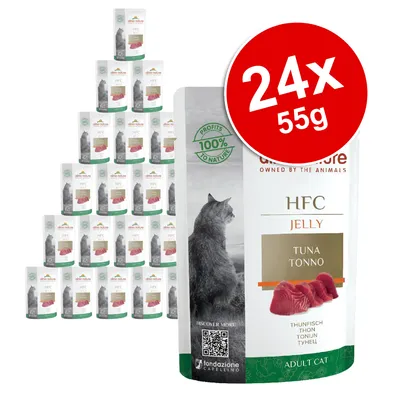 Pack of 24 pouches, each 55g, HFC Jelly Tuna for adult cats. Label shows 100% profits to nature and a QR code for more information.