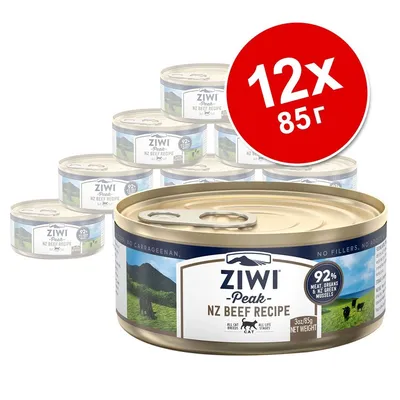 Комплект 12 консерви по 85 г Ziwi Peak NZ Beef Recipe за котки. Видими надписи: 92% meat, organs & NZ green mussels, no fillers, no carrageenan, all cat breeds, all life stages. Комплект 12 консерви по 85 г Ziwi Peak NZ Beef Recipe за котки. Видими надписи: 92% meat, organs & NZ green mussels, no fillers, no carrageenan, all cat breeds, all life stages.