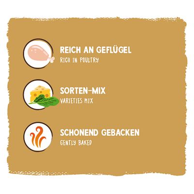 Reich an Geflügel, Sorten-Mix, schonend gebacken. Englische Übersetzungen: rich in poultry, varieties mix, gently baked.
