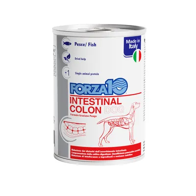 Boîte Forza10 Intestinal Colon Dog, poisson, algue séchée, protéine animale unique, Made in Italy. Texte en anglais et italien sur la digestion et l’intolérance alimentaire du chien.