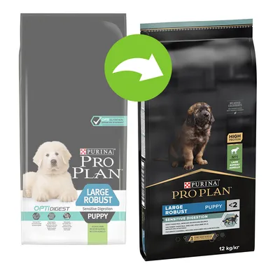 Две опаковки Purina Pro Plan Large Robust Puppy Sensitive Digestion, показващи промяна в дизайна. Новата опаковка съдържа агне, за кученца под 2 години, 12 кг.