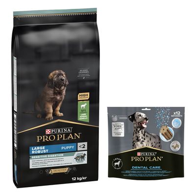 PURINA PRO PLAN 12 / 14 kg + friandises Dental Care 345 g ou 426 g offertes ! Large Robust Puppy Sensitive Digestion agneau (12 kg) + Dental Care pour grand chien (25-40 kg)(426 g)