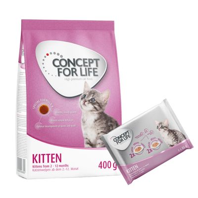 Pienso y comida húmeda Concept for Life All Cats para gatos adultos, paquete de 400 g y pack de 4 x 85 g. Texto visible: 'Alimentación mixta'.