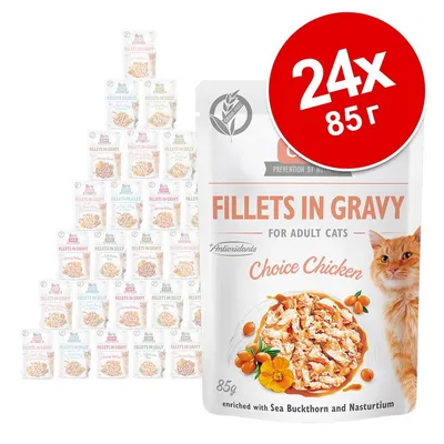 Brit Fillets in Gravy за котки, 24 броя по 85 г. Видим вкус Choice Chicken, изображение на котка и парчета месо в сос.