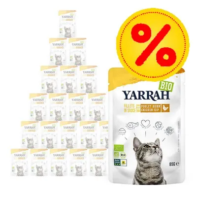 Yarrah BIO Fillets in Sauce med Poulet Huhn Chicken Kip, 85 g. Pakke med flere poser kattemad og stor procenttegn for tilbud. Synlige øko-certifikater på emballagen.