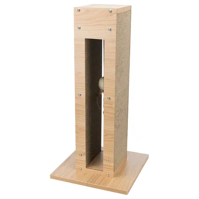 Scratching post made of wood with sisal surfaces and integrated play ball, rectangular base. Scratching post made of wood with sisal surfaces and integrated play ball, rectangular base.