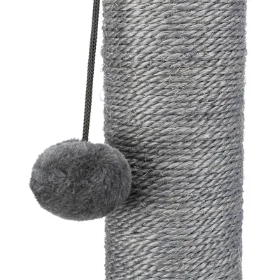Grey scratching post made of sisal with a hanging plush ball on a string.