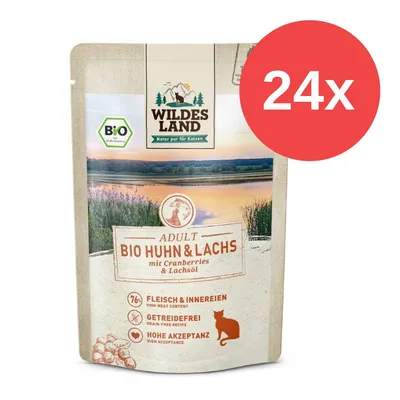 Wildes Land Bio Huhn & Lachs mit Cranberries und Lachsöl, getreidefrei, 76% Fleisch & Innereien, hohe Akzeptanz. Packung mit 24 Stück. Wildes Land Bio Huhn & Lachs mit Cranberries und Lachsöl, getreidefrei, 76% Fleisch & Innereien, hohe Akzeptanz. Packung mit 24 Stück.